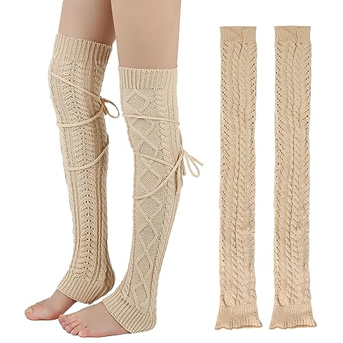 QKURT 1 Paar gestrickte Beinlinge, Winter-Beinlinge über dem Knie, warme gestrickte Stiefelmanschettensocken, weiche Thermo-Oberschenkelstrümpfe, gehäkelte Kniestrümpfe von QKURT