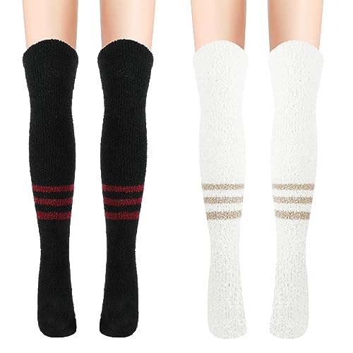 QKURT 2 Paar Korallenvlies-Kniestrümpfe, lange, flauschige Socken, kniehohe, warme Strümpfe, flauschige, oberschenkelhohe Socken, weiche Beinwärmer, kniehohe Socken von QKURT