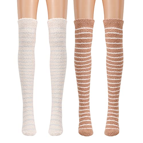 QKURT 2 Paar Oberschenkelhohe Socken, Flauschige Kniestrümpfe Überkniestrümpfe Damen Mädchen Korallenfleece Warmer Strumpf für den Winter von QKURT