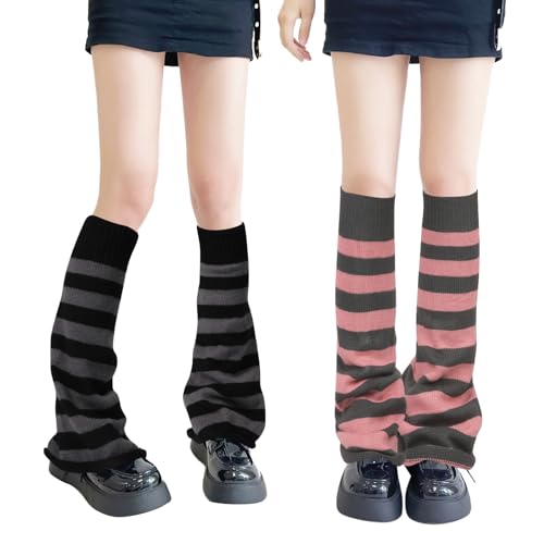 QKURT 2 Paar lange Beinstulpen, gestrickte Winter-Thermo-Beinstulpen, Punk-Kniestrümpfe, Stiefel-Manschettenwärmer für Damen und Mädchen von QKURT