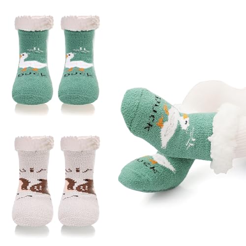 QKURT 2 Paar rutschfeste flauschige Babysocken, Kleinkinderbettsocken, Hausschuhsocken für den Winter mit Anti-Rutsch-Griffen für Jungen und Mädchen im Alter von 0–3 Jahren von QKURT