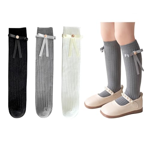 QKURT 3 Paar Kniestrümpfe für Mädchen im Alter von 4-12 Jahren, lange Baumwollsocken, Schuluniform-Socken mit Schleifen, Schulanfangssocken, einfarbige Stretch-Socken von QKURT