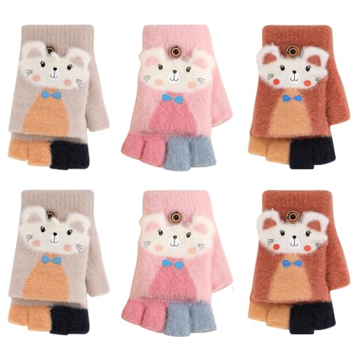 QKURT 3 Paar fingerlose Handschuhe für Kinder, wandelbare Handschuhe, Halbfingerhandschuhe, warme Fäustlinge für den Winter, dehnbare magische Handschuhe für Jungen Mädchen im Alter von 5–12 Jahren von QKURT