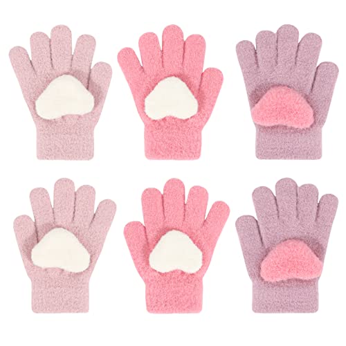 QKURT 3 Paare Kinder Winterhandschuhe Vollfinger Strickhandschuhe Warme Fleece Streifenhandschuhe für Mädchen Jungen 3-7 Jahre Alt von QKURT