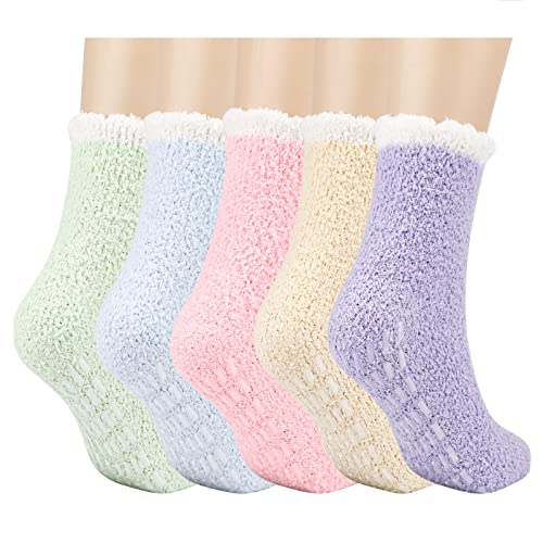 QKURT 5 Paar Damen Flauschige Socken, Fusselige Socken Dicke Winter Warme Socken mit rutschfestem Griff für den Winter von QKURT