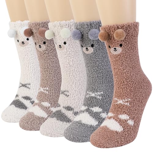 QKURT 5 Paar Flauschige Damensocken, Korallen-Fleece Winter Weiche Schlafsocken Cartoon-Bärenohren Hausschuhe Socken Thermo-Bettsocken für Mädchen und Frauen von QKURT