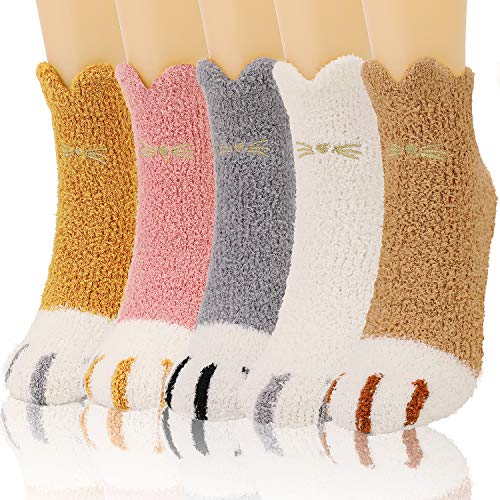 QKURT 5 Paar Katzenpfote Flauschige Socken, Kuschelsocken Winter Dick Warme Schlafsocken Hausschuhe Socken Home Socken für Frauen Mädchen von QKURT