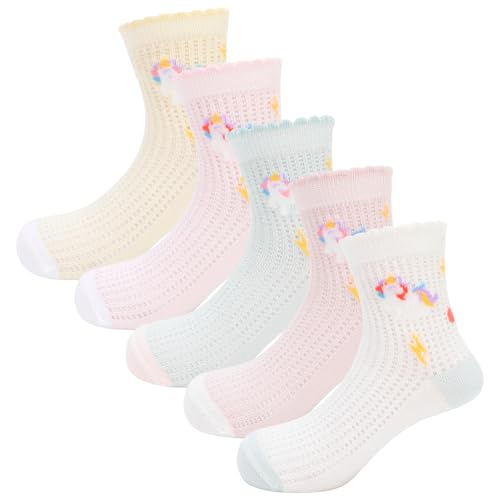 QKURT 5 Paar Mädchensocken, dünne Söckchen aus Netzstoff für den Sommer, Baumwollsocken für den täglichen Gebrauch in der Schule mit süßem Einhornmuster für Kleinkinder von 3–12 Jahren von QKURT