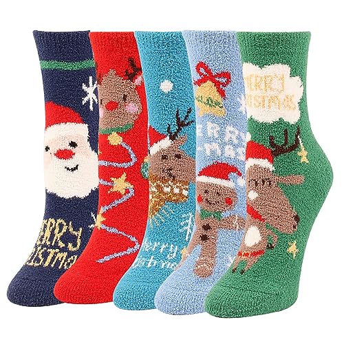 QKURT 5 Paar flauschige Weihnachtssocken, XMAS Coral Fleece Socken, flauschige Socken, Bettsocken, Zuhause, Winter, warme, weiche Socken, bequeme, dicke, gemütliche Slipper-Socken von QKURT