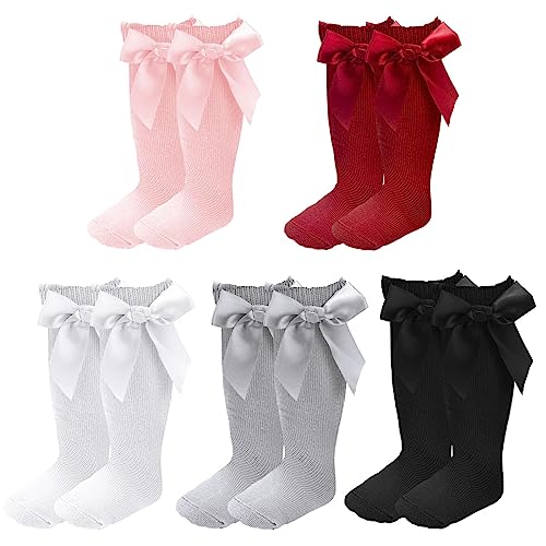 QKURT 5 Paare Baby-Mädchen-Kniestrümpfe, Gestrickte Weiche Baby-Mädchensöckchen mit Schleife, Kleinkind-Baumwollkleidersocken von QKURT