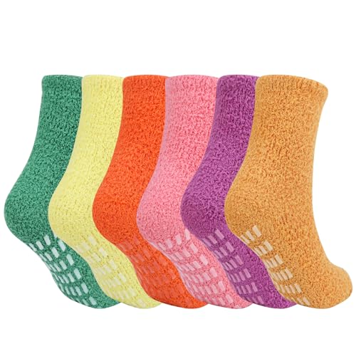 QKURT 6 Paar Flauschige Hausschuhe Socken für Frauen und Mädchen, Warme Gemütliche Kuschelsocken mit rutschfestem Silikon, Winter Supergemütliche Stoppersocken für entspanntes Schlafen zu Hause. von QKURT