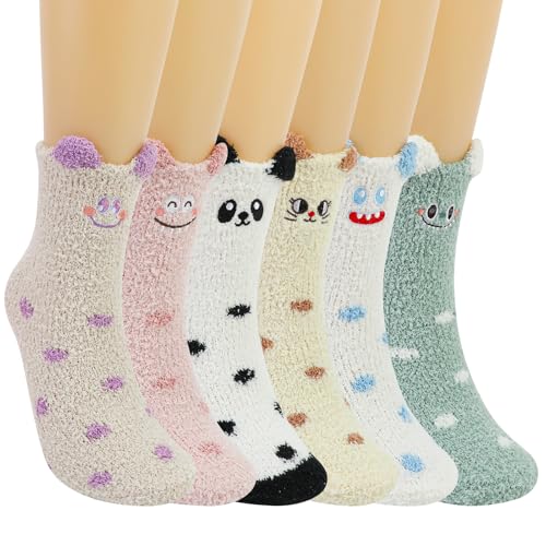 QKURT 6 Paar Flauschige Socken - Winterwarme Korallen Fleece Mit Tieren Muster, Superweiche Und Dicke Schlafsocken Für Damen Frauen Und Mädchen von QKURT