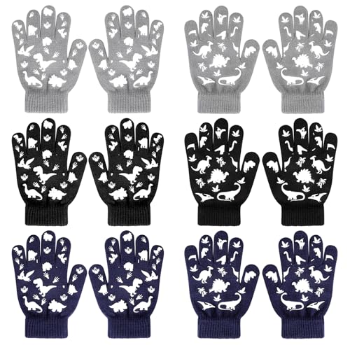 QKURT 6 Paar Kinderhandschuhe, Magische Handschuhe Dinosaurier für Jungen Mädchen, Voller Finger Kinder Winterhandschuhe Strickhandschuhe Geeignet für Kinder im Alter von 5 bis 13 Jahren von QKURT