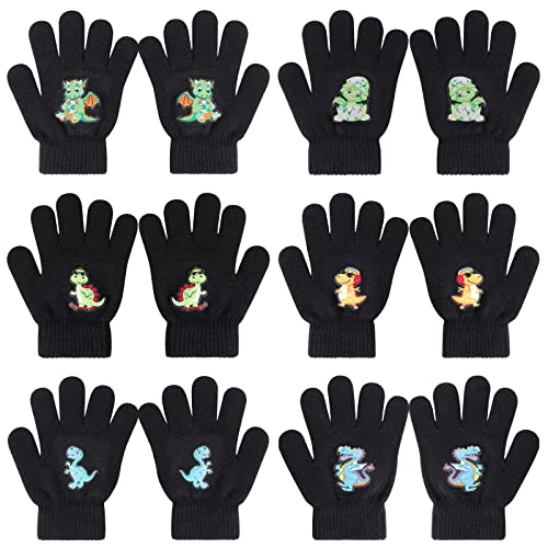 QKURT 6 Paar Kinderhandschuhe, Winterstrickhandschuhe Kinder Fäustlinge Dehnbar Vollfinger Kinder Fäustlinge mit Cartoon-Muster für 5-12 Jahre alte Jungen Mädchen Geburtstag Weihnachten von QKURT