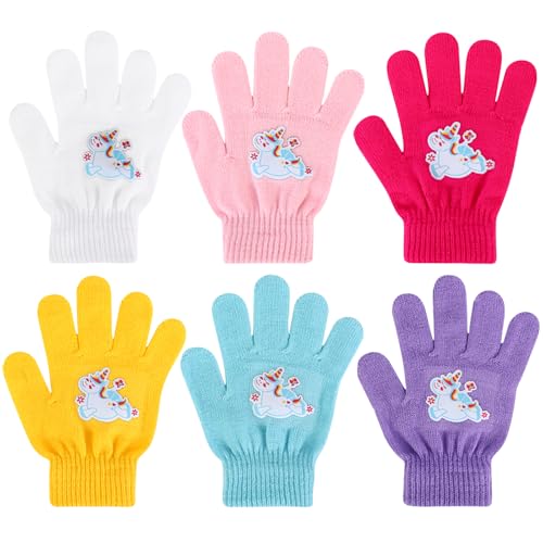 QKURT 6 Paar Kinderhandschuhe Alter 5-12, warme magische Winterhandschuhe, bunte Vollfingerhandschuhe für Mädchen, weiche Thermo-Fäustlinge zum Spazierengehen und Radfahren von QKURT