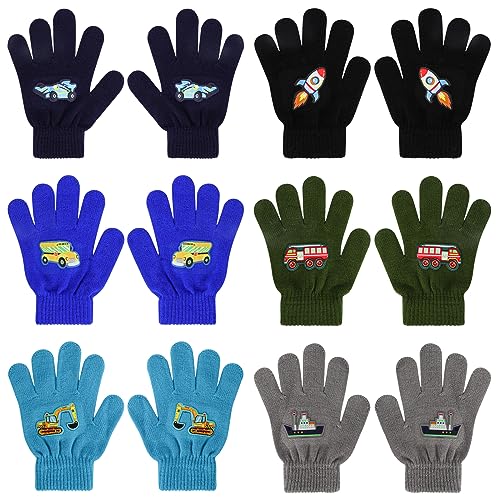 QKURT 6 Paar Kinderhandschuhe für 5-12 Jahre, magische Handschuhe Vollfingerhandschuhe für Kinder, gestrickte Fäustlinge mit Automuster für Jungen und Mädchen für Radfahren Pendeln von QKURT