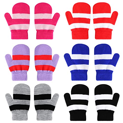 QKURT 6 Paar Kleinkind-Fäustlinge, Winter Warme Strick-Streifen-Handschuhe Baby Stretch Fäustlinge für Jungen und Mädchen, Alter 2-5 Jahre alt von QKURT