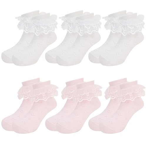 QKURT 6 Paar Söckchen mit Rüschen für Mädchen – Weiße Ballettsocken aus Spitze für Kinder, perfekt für die Schule und Partys von QKURT