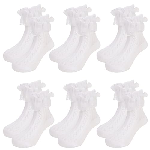 QKURT 6 Paar Söckchen mit Rüschen für Mädchen – Weiße Ballettsocken aus Spitze für Kinder, perfekt für die Schule und Partys von QKURT
