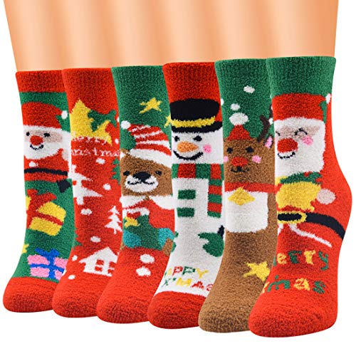 QKURT 6 Paare Weihnachtssocken, Damen Kuschelsocken Flauschige Socken Weihnachten Socken mit 3D-Weihnachtsmuster für zu Hause tragen Weihnachtsfeier Geschenke von QKURT