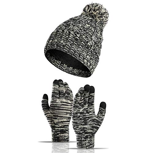 QKURT Damen Beanie Mütze Handschuhe Set, Winter Thermo Strickmütze Vollfinger Handschuhe Set für Mädchen Frauen, Schwarz , One size von QKURT