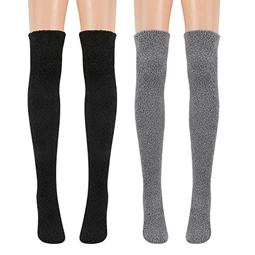 QKURT Flauschige Kniestrümpfe, 2 Paar Winter Warme Oberschenkelstrümpfe Strumpf Koralle Fleece Überkniestrümpfe Extra Lange Socken für Frauen Mädchen Damen von QKURT