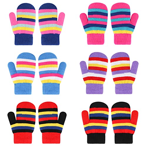 QKURT Gestrickte Fäustlinge für Kinder, 6 Paar Winterhandschuhe Kinder-Zauberhandschuhe in Farbe gestreift im Winter Geeignet für Jungen und Mädchen im Alter von 5-12 Jahren von QKURT