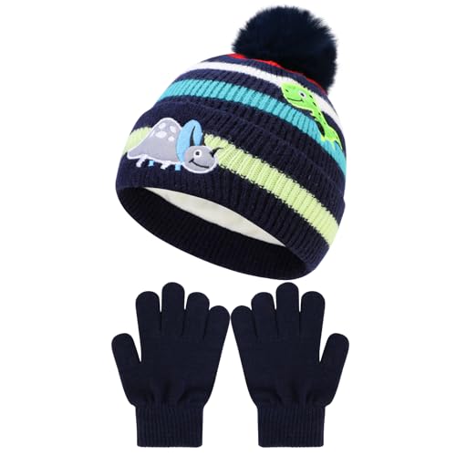 QKURT Kinder Beanie-Hut Handschuh-Set, Unisex Strick Warme Accessoires Set Kinder Winter Thermische Mütze Handschuhe Weich Warm Fleece-Futter Hut Mit Pom Pom Bällen Zauberhandschuh Dinosaurier-Muster von QKURT