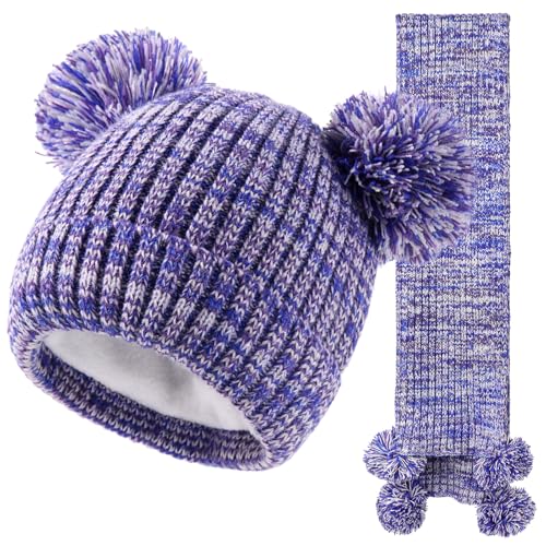 QKURT Kinder Beanie Mütze Schal Set, Kinder Strick Warm Accessoires Set Bunte Winter Thermomütze Halswärmer Weiche warme Mütze Schal mit Bommeln für 1-5 Jahre alt von QKURT