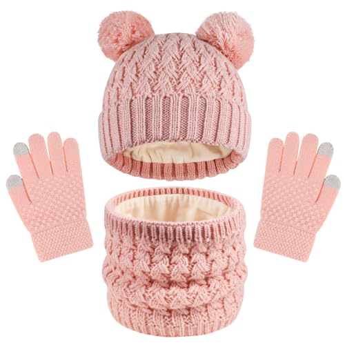 QKURT Kinder Mütze Mütze Schal Handschuh Set, Kinder Stricken Warmes Zubehör Set Bunte Winter Thermomütze Halswärmer Touchscreen Handschuhe Weiche warme Mütze mit Pom Pom Bälle Schal Fäustling von QKURT