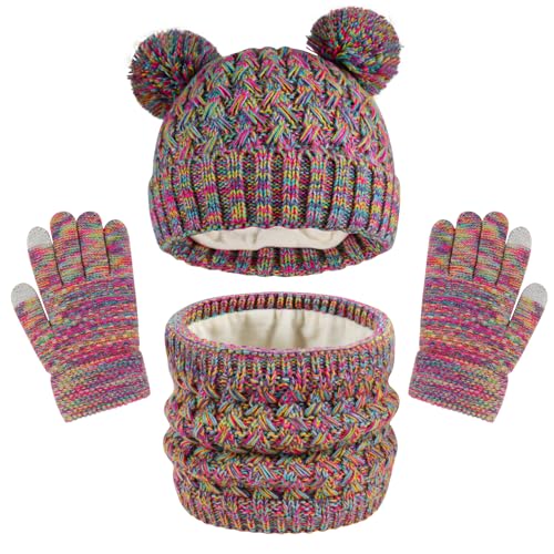 QKURT Kinder Mütze Mütze Schal Handschuh Set, Kinder Stricken Warmes Zubehör Set Bunte Winter Thermomütze Halswärmer Touchscreen Handschuhe Weiche warme Mütze mit Pom Pom Bälle Schal Fäustling von QKURT