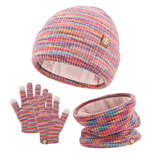 QKURT Kinder Mütze Schal Handschuh Set, Kinder Winter Thermokappe Halswärmer Touchscreen Handschuhe weiche warme Mütze Schal Fäustlinge bunt für 5-10 Jahre alt von QKURT