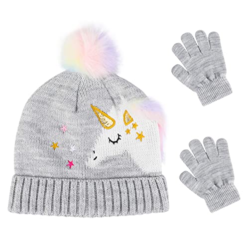 QKURT Kinder Strickmütze Handschuhe Set - Winter Warm Beanie Mit Thermisch Gefütterten Mützenfäustlingen, Einhorn-Muster für 3 Bis 5 Jahre Alte Kinder von QKURT