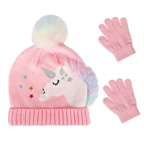 QKURT Kinder Strickmütze Handschuhe Set - Winter Warm Beanie Mit Thermisch Gefütterten Mützenfäustlingen, Einhorn-Muster für 3 Bis 5 Jahre Alte Kinder von QKURT