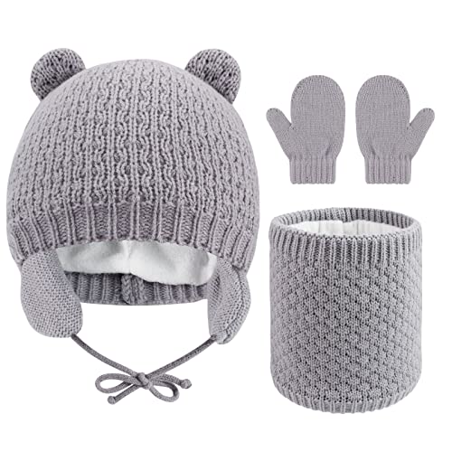QKURT Kinder Winter Warm Beanie Mützen Snood Handschuhe Set, 3 in 1 Verdicken Fleece Thermo Kleinkind Mütze Schal Fäustlinge Set Geeignet für Jungen und Mädchen im Alter von 1-3 von QKURT