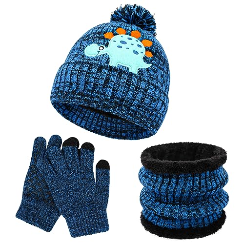 QKURT Kinder-Wintermütze, Snood-Handschuhe-Set 3-in-1 Verdickende Weiche Thermo-Strickmütze mit Dinosaurier-Muster Halswärmer Magische Handschuhe, Zubehör-Sets für Jungen und Mädchen von QKURT