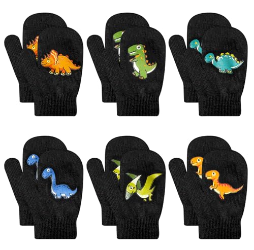 QKURT Kleinkind Gestrickte Fäustlinge, 6 Paare Kinder Dinosaurier Winter Fäustlinge für Alter 2-5, Baby Stretch Fäustlinge, Kinder Magische Handschuhe, Winter Warme Weiche Fäustlinge für Kleine Jungen von QKURT