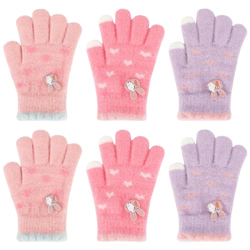 QKURT Magische Handschuhe für Kinder, 3 Paar Kinder-Strickhandschuhe, dehnbare warme Handschuhe, Vollfinger-Handschuhe, Kleinkind-Winter-Fäustlinge, Ausgeh-Handschuhe mit niedlichem Muster von QKURT