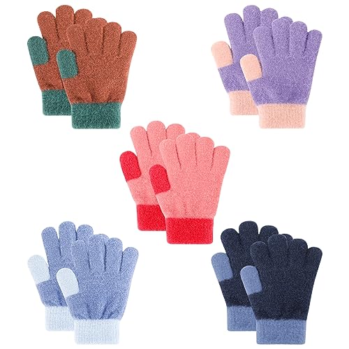 QKURT Strickhandschuhe für Kinder, 5 Paar Outdoor Play Magic Fäustlinge für Kinder Warm gestrickte Vollfingerhandschuhe für 4-8 Jahre Jungen und Mädchen von QKURT