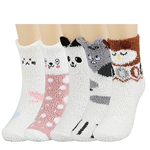 QKURT Warme Socken, 5 Paar flauschige Wintersocken Wintersocken mit Cartoon-Tiermuster Home Bodensocken für Damen von QKURT