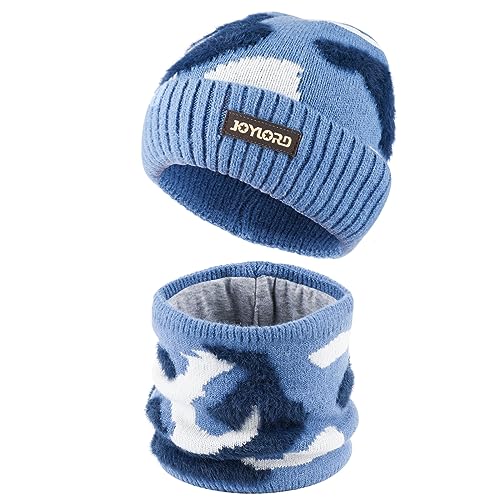 QKURT Warme Strickmütze für Kinder, Schal-Set, Kinder-Winter-Accessoires-Sets Kleinkind-Thermo-Strickmütze Halswärmer-Set warmes dickes Baumwollfutter Beanie-Mütze mit Kreis-Halswärmer 4–10 Jahre von QKURT