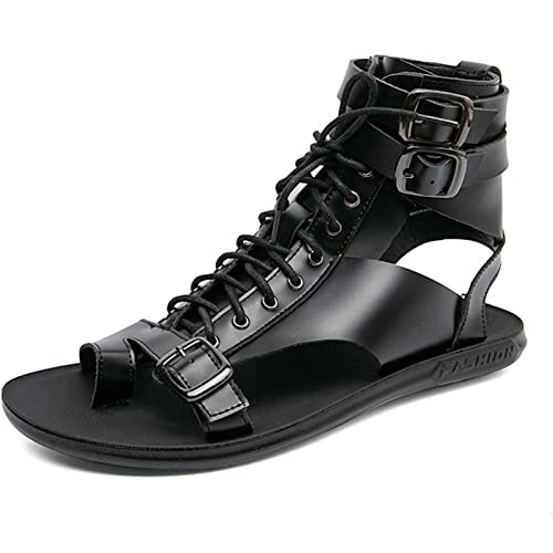 QLASIC Herren-High-Top-Sandalen, römische Sandalen, lässig, rutschfest, atmungsaktiv, Riemen, vielseitig, Flache Schuhe, Ledersandalen (38–48) (Color : Black, Size : 43 EU) von QLASIC