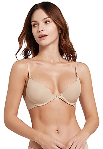 QLEVAK BH Damen Push Up Vorderverschluss Gepolstert BH Vorne Zum Schließen Eleganter Push-up-Bügel-BH Balconette Bra Sexy BHS,Beige,85D von QLEVAK