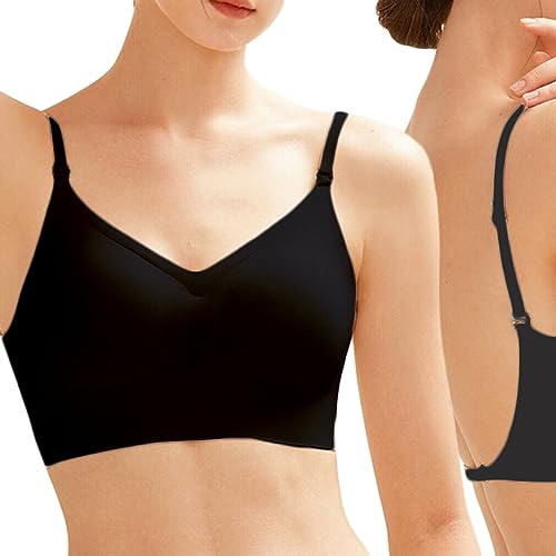 QLEVAK Damen BH mit tiefem Rücken,Rückenfreier BH Unsichtbar Triangel Soft BH U-Förmiger Push Up BH Tief V-Ausschnitt Bralette für Brautkleider Abendkleider,Schwarz,XL von QLEVAK