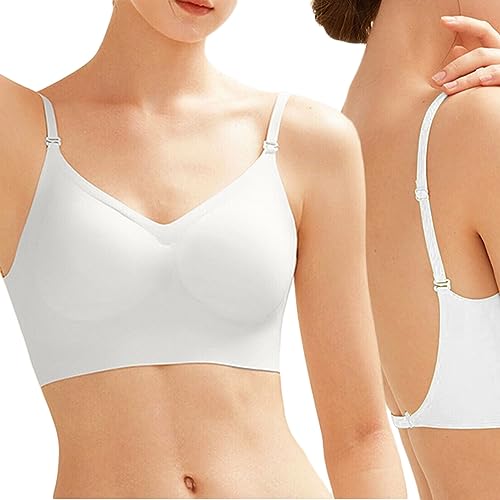 QLEVAK Damen BH mit tiefem Rücken,Rückenfreier BH Unsichtbar Triangel Soft BH U-Förmiger Push Up BH Tief V-Ausschnitt Bralette für Brautkleider Abendkleider,Weiß,L von QLEVAK