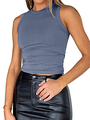 QLEVAK Damen Sommer Crop Top Sexy Racerback Ärmellose Rundhals Tanktops Damen Ärmellos Hals Rundhals Fitted Tank Top Freizeit Strand Sport Oberteile Tops,Navy,XL von QLEVAK