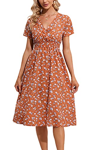 QLEVAK Damen Sommerkleid Kurzarm V-Ausschnitt Knielang Blumenmuster Partykleid Minikleid A-Linie Strandkleid Freizeitkleid,Orange,XL von QLEVAK