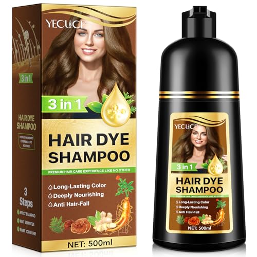 Dunkelbraun Haarfarbe Shampoo 500ml, Haarspülung 3 in 1 Lang anhaltende Farbe Tief nährende Anti-Haarausfall-Behandlung, pflanzliche Formel für Männer und Frauen von QLIGES