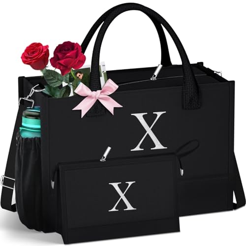 QLOVEA Initial Schwarze Canvas-Tragetasche & Make-up-Tasche mit Reißverschluss, verstellbarer Riemen, personalisierte Geschenktasche für Frauen Geburtstag, Schwarz, Large, X von QLOVEA