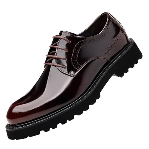Herren Lackleder Schnürschuhe Plateau Arbeitsschuhe Oxfords Runde Zehenpartie rutschfeste niedrige Sohle Brogues Kleid Schuhe Bequeme Business formelle Schuhe, Braun, 42 EU von QLPOU